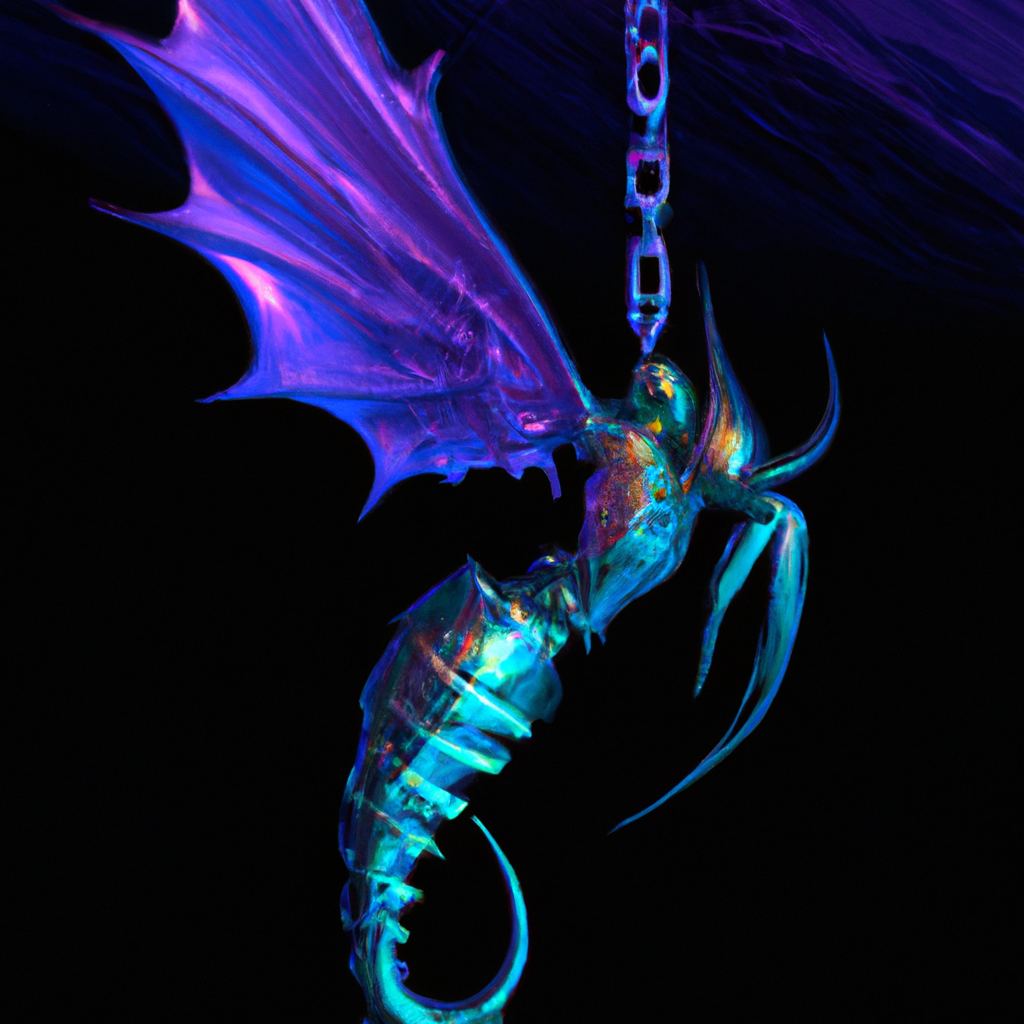 An image of an alien creature, hanging from transparent chains as if weaving a cage around it. This creature features radiant translucent wings and unusual colors that shimmer on its shiny skin. His eyes radiate light and reflect a sparkle of mystery and curiosity.
